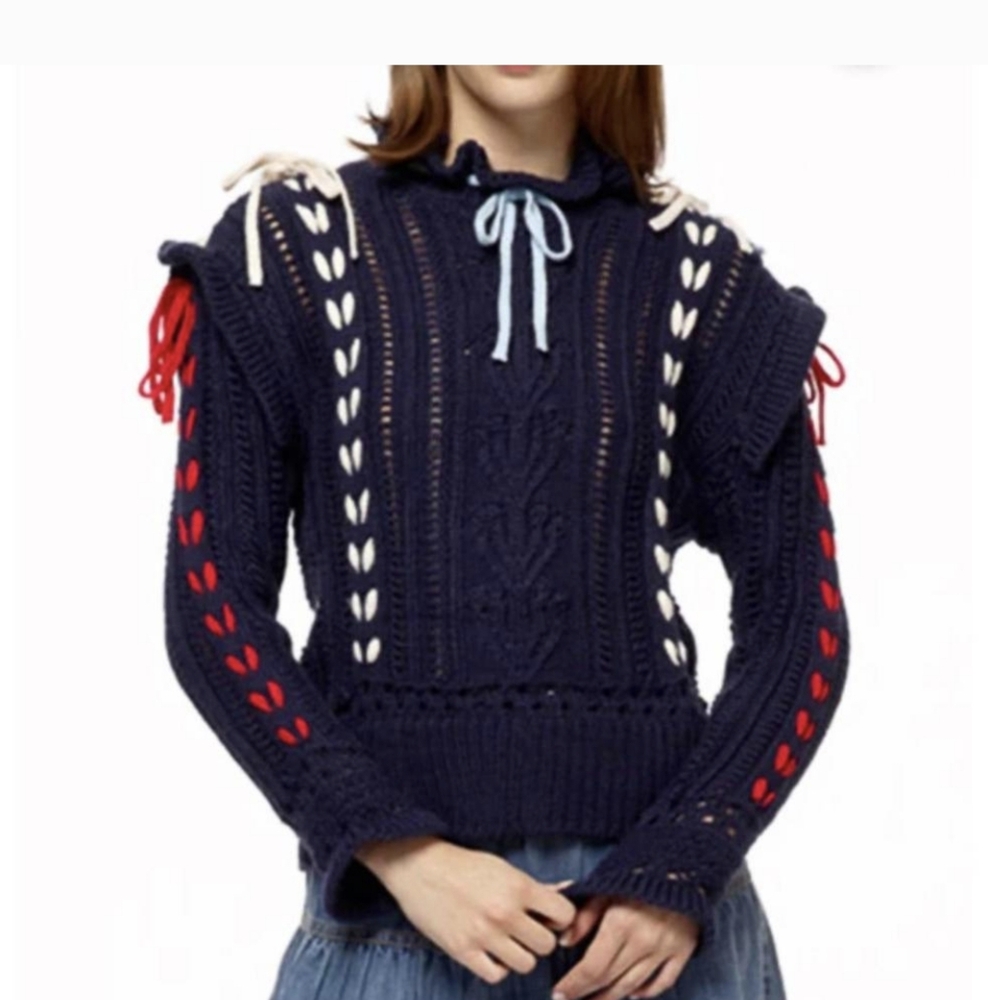 "Stellah" Blue and Red Crew Neck Sweater with Lace-Up Sleeves. Sz.S. Brand new!